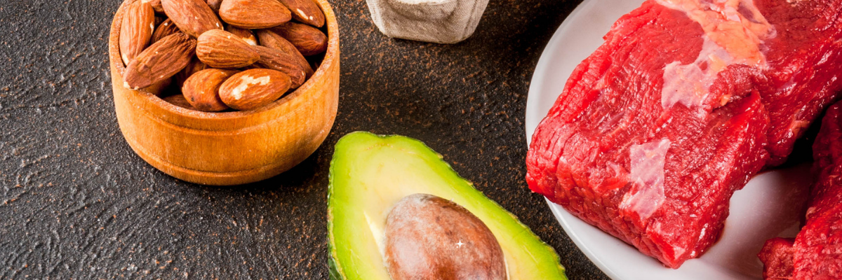Keto grocery list for beginners with avocado, almonds, red meat, eggs, and cheese.