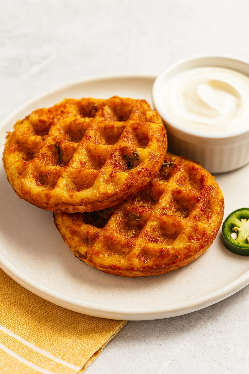 Two spicy chaffles stacked on a white plate, topped with sliced jalapeños and a ramekin of mayonnaise.