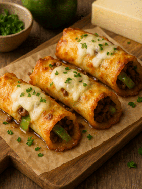 Low-carb cheesesteak roll-ups made with golden mozzarella cheese shells, filled with ground beef, peppers, and onions, topped with melted cheese and parsley on a parchment-lined board.