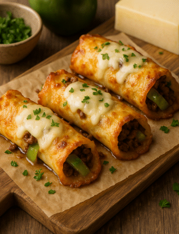 Low-carb cheesesteak roll-ups made with golden mozzarella cheese shells, filled with ground beef, peppers, and onions, topped with melted cheese and parsley on a parchment-lined board.