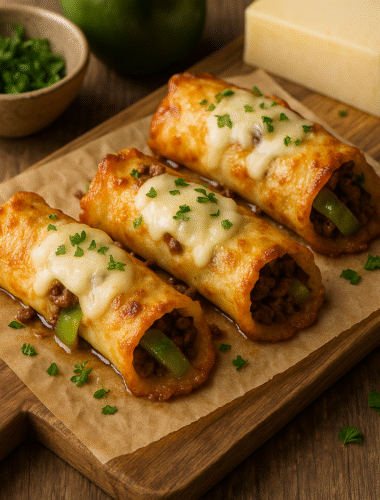 Low-carb cheesesteak roll-ups made with golden mozzarella cheese shells, filled with ground beef, peppers, and onions, topped with melted cheese and parsley on a parchment-lined board.