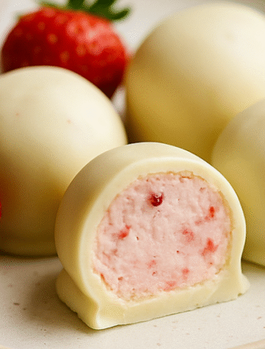 Strawberry cheesecake fat bombs coated in white chocolate, with one cut open to show the creamy pink strawberry filling, served on a plate with fresh strawberries.